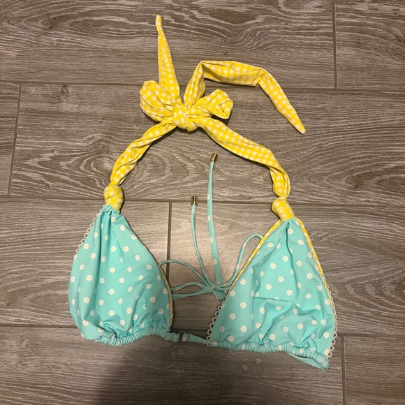 Beach Bunny Other - Beach Bunny Aqua Daisy Triangle Bikini Top with Yellow Gingham Ties Large